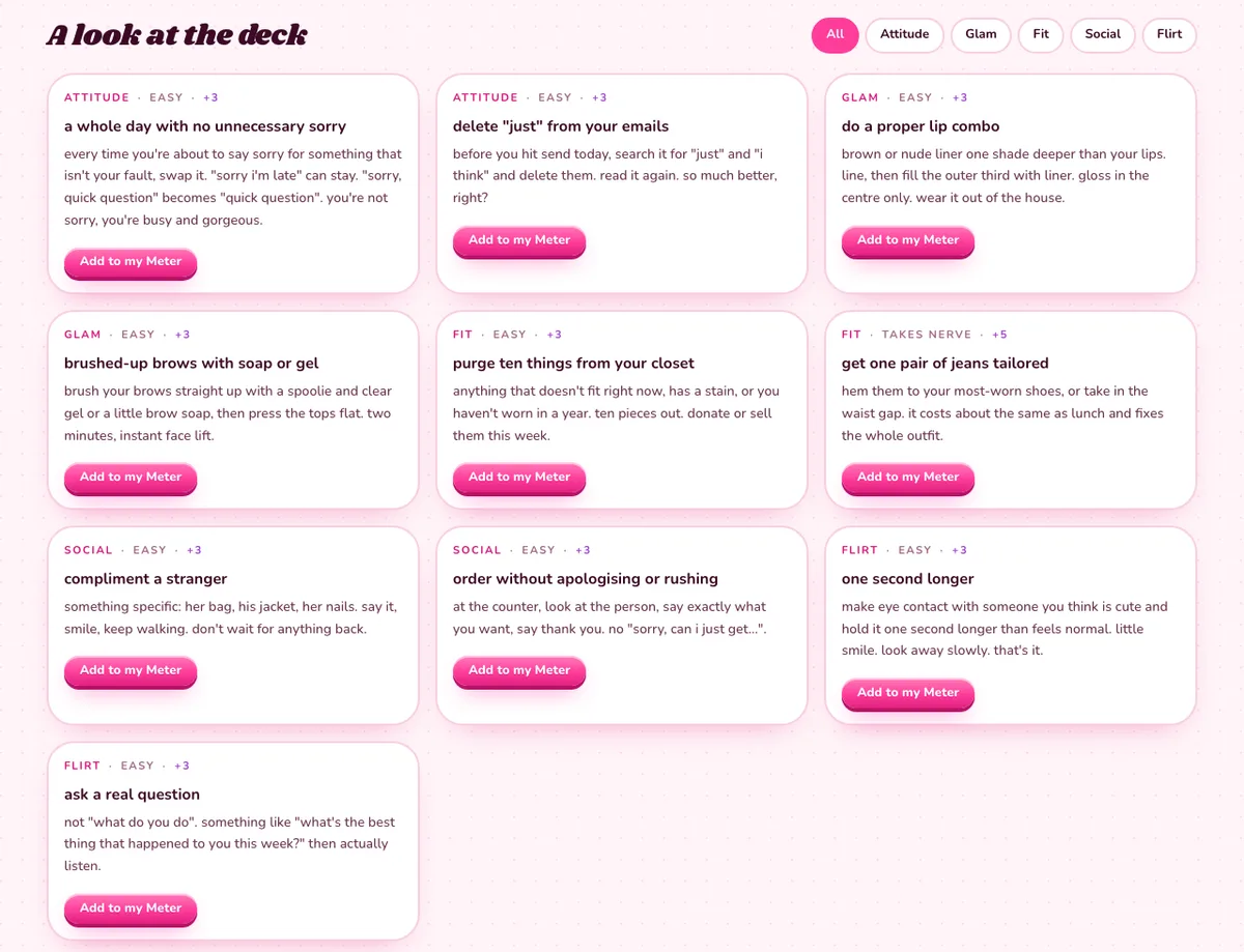 free Baddie Meter challenge cards: attitude, glam, fit, social and flirt, each marked easy or takes nerve with its points