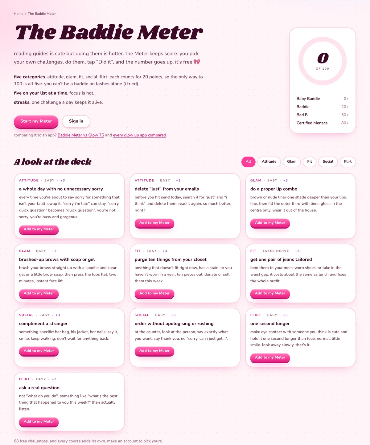 the Baddie Meter page: a score ring at 0 of 100, the four levels and free challenge cards in five categories